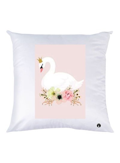 Decorative  Swan And Floral Printed Throw Pillow White/Beige/Pink 30x30cm