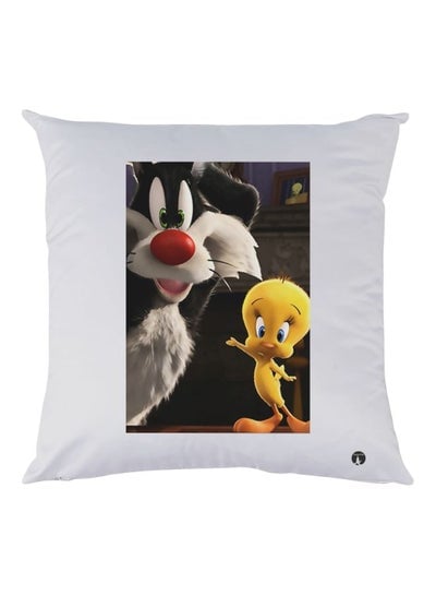Tweety Bird And Cat Printed Throw Pillow White/Black/Yellow 30x30cm