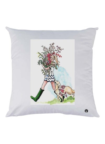 Girl With A Dog Printed Cushion Polyester White/Green/Beige 30x30cm