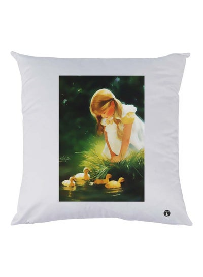 Girl With Duck Printed Cushion Polyester White/Green/Yellow 30x30cm