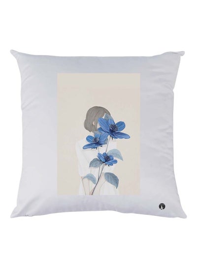 Girl With Flower Printed Throw Pillow White/Blue/Beige 30x30cm