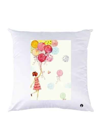 Girl With Balloon Printed Throw Pillow White/Pink/Yellow 30x30cm