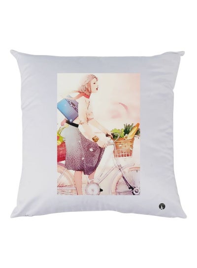 Girl Riding Cycle Printed Decorative Throw Pillow White/Beige/Purple 30x30cm