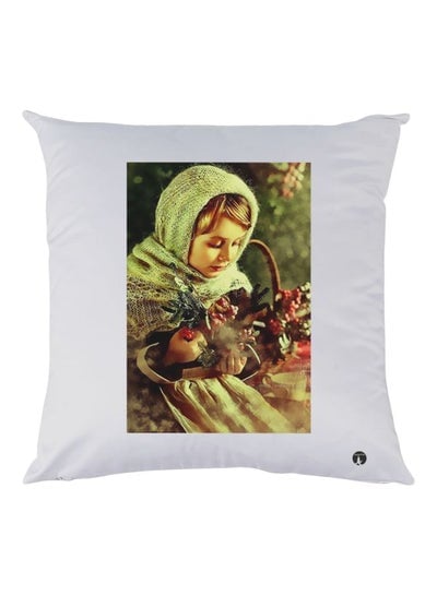Girl Printed Decorative Throw Pillow White/Green/Red 30x30cm