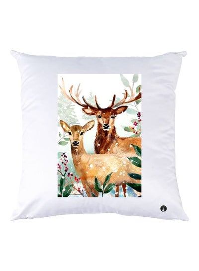 Deer Printed Throw Pillow White/Brown/Green 30x30cm