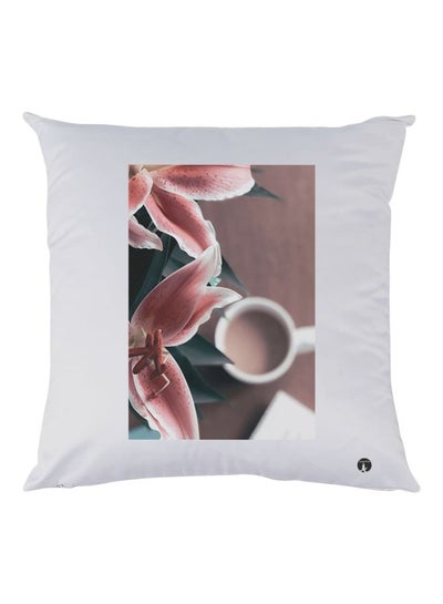 Flower With Cup Printed Throw Pillow White/Brown/Dark Green 30x30cm