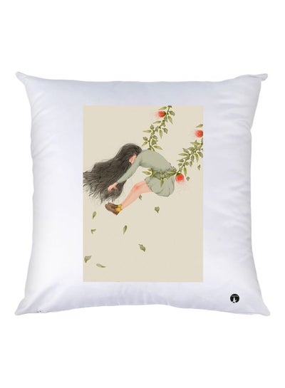 Cartoon Girl Printed Decorative Throw Pillow White/Green/Beige 30x30cm