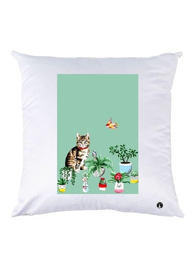 Cat Printed Throw Pillow White/Green/Brown 30x30cm