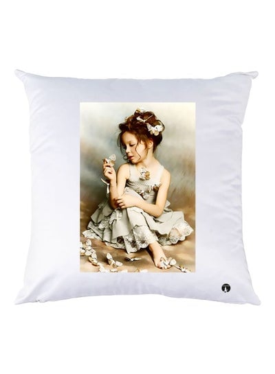 Girl Printed Decorative Throw Pillow White/Brown/Beige 30x30cm