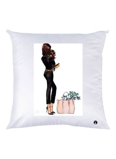 Girl Printed Throw Pillow White/Black/Brown 30x30cm