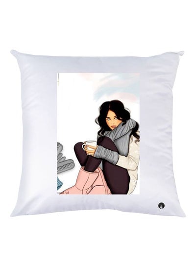 Girl Printed Decorative Throw Pillow White/Black/Grey 30x30cm