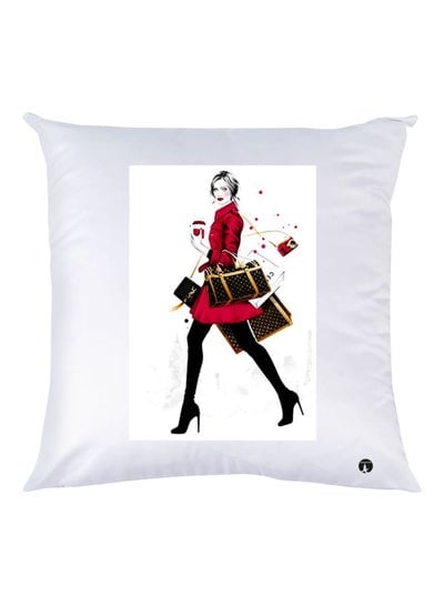 Girl Printed Decorative Throw Pillow White/Red/Black 30x30cm