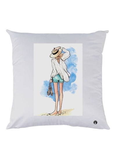 Girl Printed Decorative Throw Pillow White/Blue/Beige 30x30cm