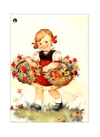 Girl With Flower Bucket Themed Metallic Plate Yellow/Red/Brown 20x15cm
