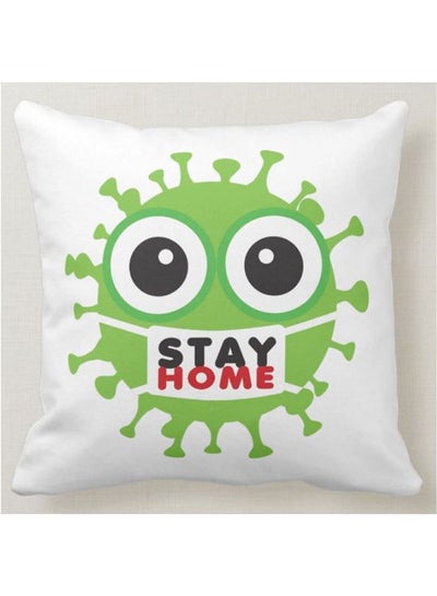 Covid-19 Stay Home Printed Decorative Pillow White 40x40centimeter