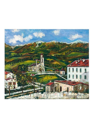 Landscape Themed Decorative Wall Painting With Frame Green/White/Red 40x40cm