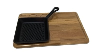 Square Enameled Mini Grill Pan With Wooden Base Black/Brown 16x5cm