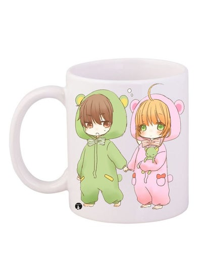 Cartoon Couple Printed Ceramic Coffee Mug White/Pink/Green 11ounce