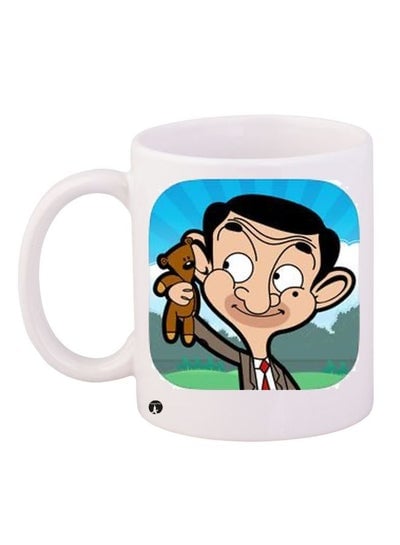 Mr Bean Cartoon Printed Ceramic Coffee Mug White/Blue/Green 11ounce