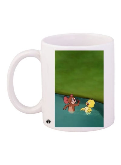 Tom And Jerry Printed Coffee Mug White/Green/Yellow 11ounce