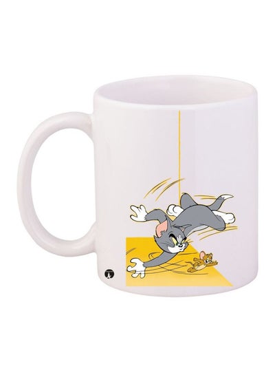 Tom And Jerry Printed Coffee Mug White/Yellow/Grey 11ounce