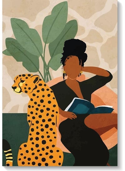 Woman And Leopard Abstract Wall Art Multicolour 40x60cm