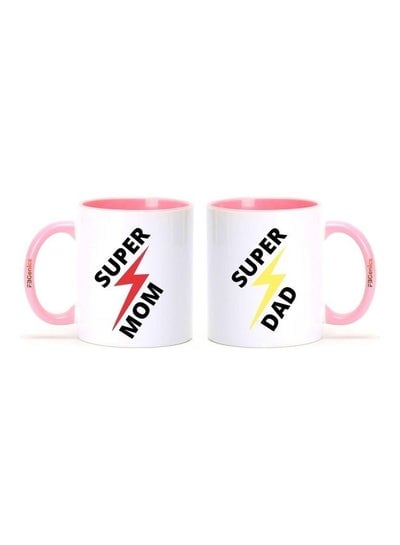 2-Piece Super Mom And Dad Printed Mug Set Pink/White/Black 325ml