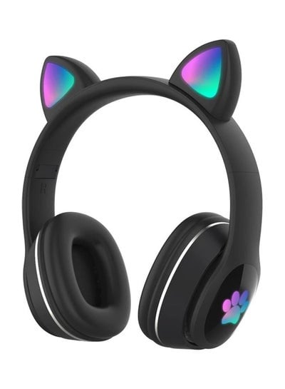 BT5.0 Wireless Foldable Colourful LED Light Cat Ear Headphones with Mic Black