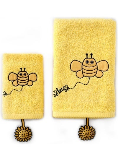 2-Piece Buzzy Bee Towel Set Yellow/Brown Hair Towel (50x80), Hand Towel (30x50 )cm