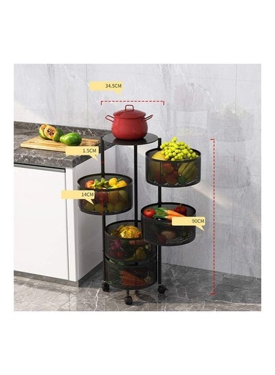 Multi-Layer Kitchen Storage Shelf Rotatable Steel Rack 4 Movable Wheels Fruit Vegetable Snack Organizer Stand Black 90cm
