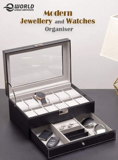 Showcase for Organising Jewellery Makeup Accessories and Watch Case jewelry Organizer Box with Drawer and 12 watches Slots Gift
