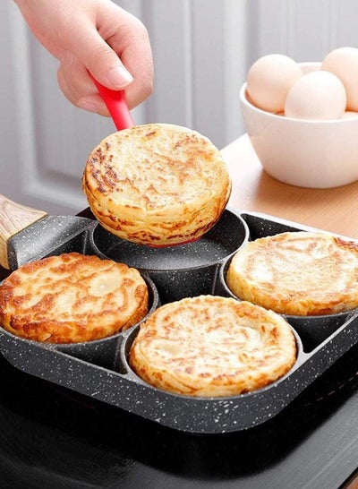 Non-Stick Aluminium 4 Hole Cooking Frying Pan with Wooden Handle and 4 Holes for making Breakfast Griddle Burgers Eggs omelette pancake