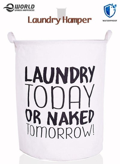 LAUNDRY Today or NAKED Tomorrow | Waterproof Laundry Hamper Basket Clothes Storage Organiser Cotton Bin Folding Collapsible Bag with holders for keeping Household