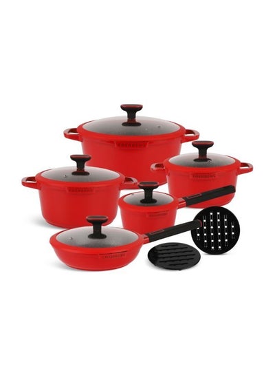 EDENBERG 12 Pcs Die-Casting Aluminum Cookware Set | Cookware Combo of Saucepan & Pots with Glass Lids + Protective Handle Covers | Red Color Cookware Combo