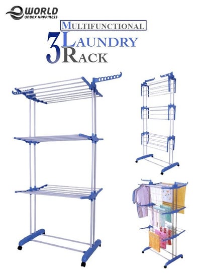 3 Tier Adjustable Clothing Drying Rack Organiser Height Freestanding with Wheel Castors For Organising Wardrobe
