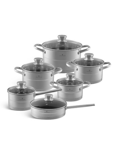 12 pcs Cookware set 6 Saucepans lids Suitable for all Types of Cookers Including Induction Pieces Silver
