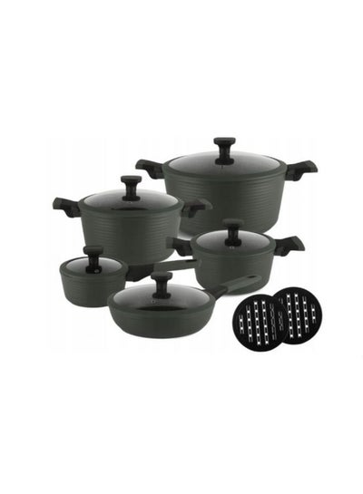 EDENBERG 12 Pcs Die-Casting Aluminum Cookware Set | Non-Stick Combo Ceramic Marble Coating Cooking Set | Gas & Induction Compatible- Green Color (16cm, 20cm, 24cm, 28cm, 24cm diameter)