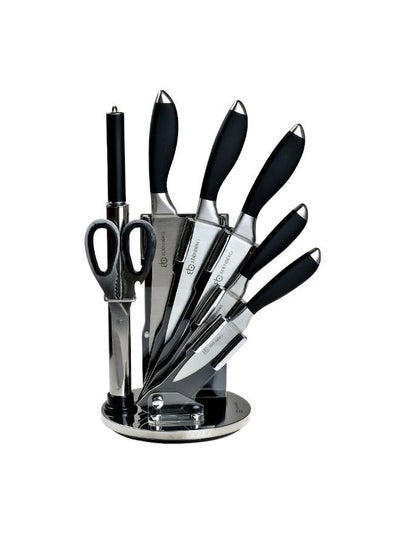 EDENBERG 8 Pcs Kitchen Knife Set with Magnetic Stand | Premium Knife Set & Revolving Stand- Set of 8, Black & Silver