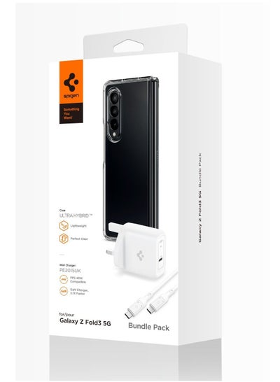 Spigen Value Pack For Samsung Galaxy Z Fold 3, Ultra Hybrid Clear Case, USB-C PPS Wall Adapter 45W+USB-C To USB-C Cable