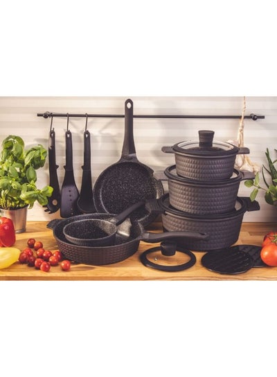EDENBERG 15 Pcs Die-Casting Aluminum Cookware Set | Microwave & Dishwasher-Safe Cookware Accessories- Saucepan, Pots, Glass Lids, and Kitchen Tools & Protective Handle Covers