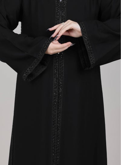 MSquare Fashion Nida Embroidered Open Abaya V Neck Black Korean