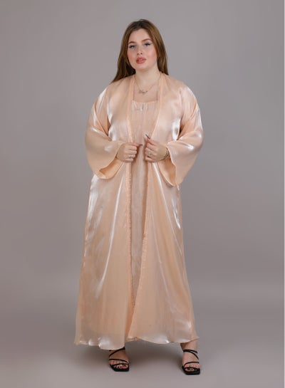 MSquare Fashion Organza Abaya Peach Set Comes With Under Dress And Sheila