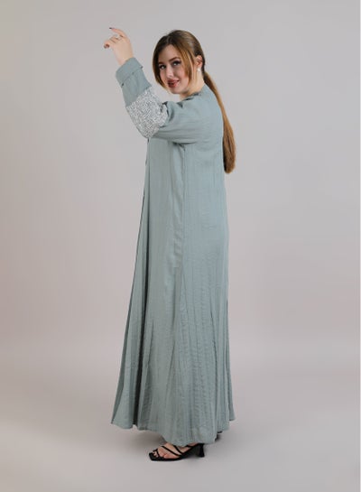 MSquare Fashion Grey Crushed Linen Abaya With Threadwork On Elbows