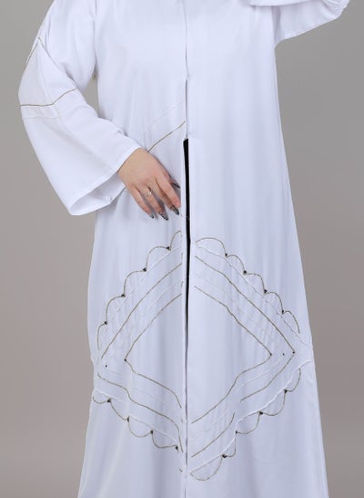 MSquare Fashion Open Casual Abaya V Neck White Embroidered