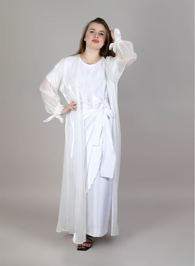 MSquare Fashion Organza Abaya Set With Belt And Under Dress White Color