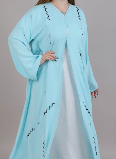 MSquare Fashion V Neck Open Abaya Turquoise Color With Black Embroidery