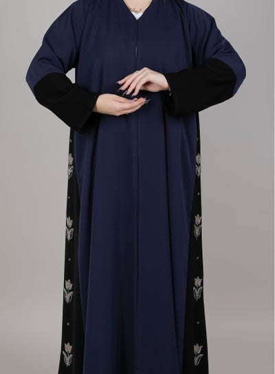 MSquare Fashion  Korean Nida Abaya Blue & Black Embroidery On Sides