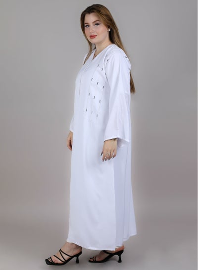 MSquare Fashion V Neck Korean Nida Embroidered Open Abaya White Color