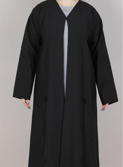 MSquare Fashion Open Abaya V-Neck Black Embroidered