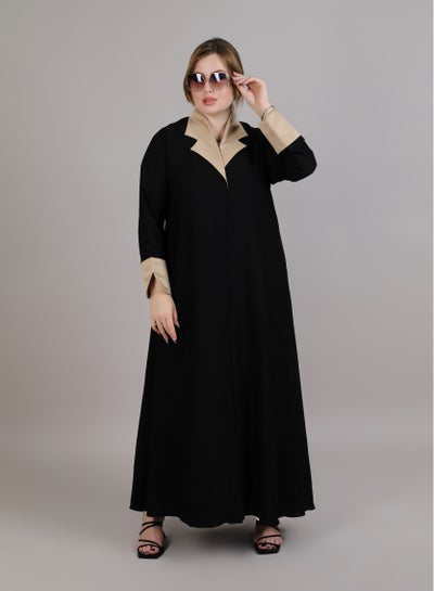 MSquare Fashion Collar Abaya Black With Biege Lapel